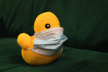 toy duck in a medical mask covers its beak sitting on a green background alone