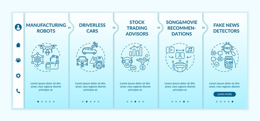 AI application 2 onboarding vector template. Stock trading advisors. Song and movie recommendations tool. Responsive mobile website with icons. Webpage walkthrough step screens. RGB color concept