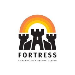 Fortress concept logo design. Castle logo sign. Tower logo symbols. Protection icon. Vector illustration. 