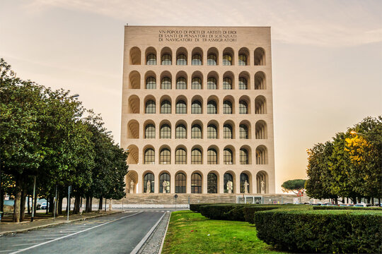 Palace of Italian Civilization, also known as Palazzo della Civilta del Lavoro (or Colosseo Quadrato, 1937 - 1943), is one of a main symbol of EUR district of Rome. ROME, ITALY. December 28, 2016.