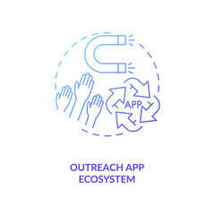 Outreach app ecosystem concept icon. App marketing tips. Reach your target clients. Getting new users on your platform idea thin line illustration. Vector isolated outline RGB color drawing