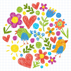 Children kindergarten pattern with flowers and birds. Kids floral vector llustration.