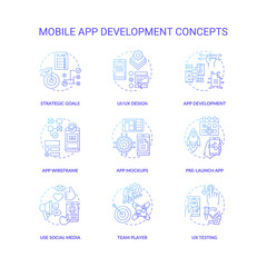 Mobile app development concept icons set. Strong team work creation. Testing of application user experience idea thin line RGB color illustrations. Vector isolated outline drawings. Editable stroke