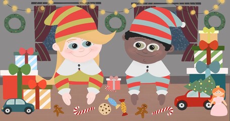 Naklejka premium Christmas elves are packing presents. Residence of Santa Claus. Preparing for Christmas. Merry Christmas and Happy New Year!