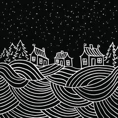 Obraz premium Night landscape, at home among the Christmas trees. Figure drawn by white lines on a black background.