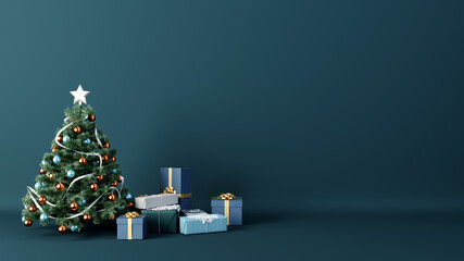 decorated christmas tree and presents in empty green room, 3D background illustration concept