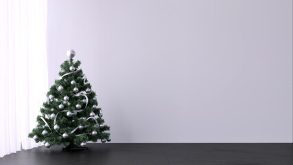 decorated christmas tree in empty white interior, 3D illustration