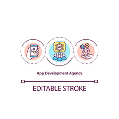 App development agency concept icon. Digital products discovery studio. Developers team idea thin line illustration. Vector isolated outline RGB color drawing. Editable stroke.