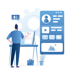 UI designer creates structure of information blocks of mobile application. Male programmer work at workplace.