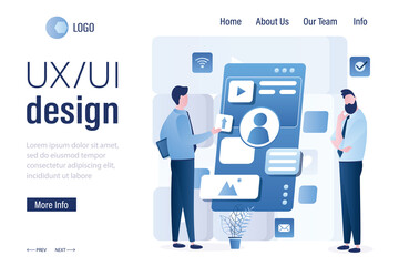 UI, UX design landing page template. Group of designers or programmers creates mobile app. Coding and software application development.