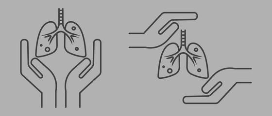 Fototapeta na wymiar Hands holding lungs. Outline thin line icon. Isolated. 