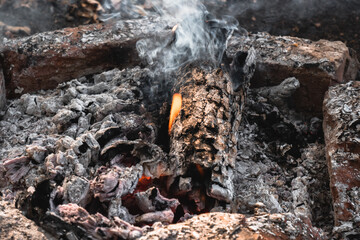 A small flame is barely visible in the dying fire. Light a fire in the woods. Smoldering wood in the fire, hot coals and a lot of smoke.