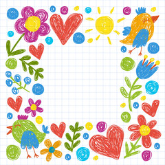 Children kindergarten pattern with flowers and birds. Kids floral vector llustration.