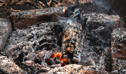 A small flame is barely visible in the dying fire. Light a fire in the woods. Smoldering wood in the fire, hot coals and a lot of smoke.