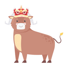 happy new year 2021 chinese, cartoon ox with asian decoration on head