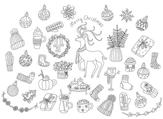 Set with Christmas decorations in doodle sketch style. Cute candles on tray, gift box, wreath, glass snowman, spruce branches in vase. Hand drawn vector illustration isolated on white. Black outline.