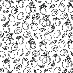 Seamless pattern with plums berry and leaves. Graphic hand drawn engraving style. Doodle illustration for packaging, menu cards, posters, prints.