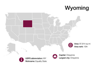 Fototapeta premium Map of Wyoming state with political demographic information and biggest cities
