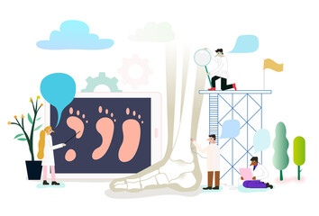 Podiatry health concept illustration. Professional feet treatment,  study, diagnosis, medical and surgical treatment of disorders of the foot, ankle, and lower extremity.