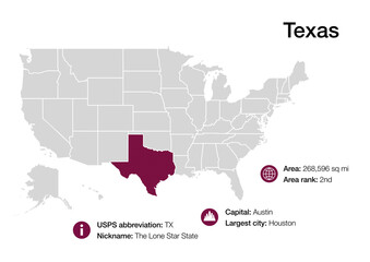 Fototapeta premium Map of Texas state with political demographic information and biggest cities