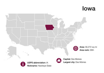 Map of Iowa state with political demographic information and biggest cities