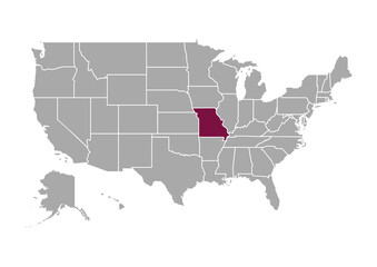 Map of Missouri state and position in the United States