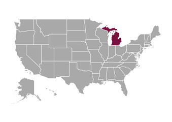 Map of Michigan state and position in the United States