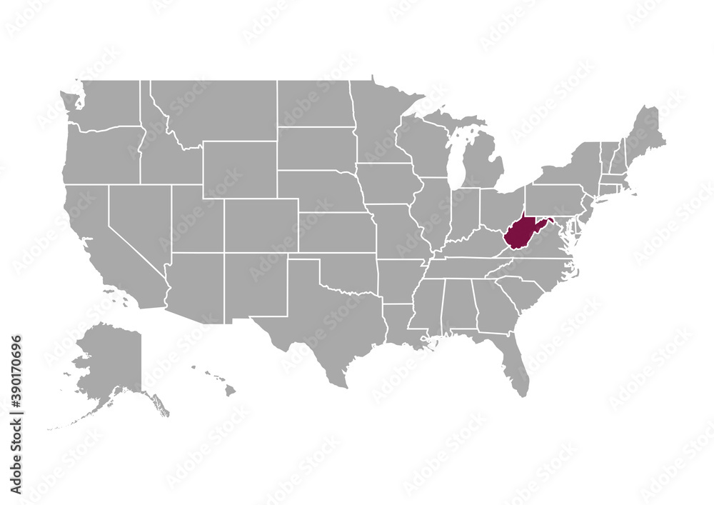 Wall mural map of west virginia state and position in the united states