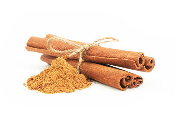 Cinnamon sticks and cinnamon powder isolated on white background, healthy spice, (Cinnamomum)