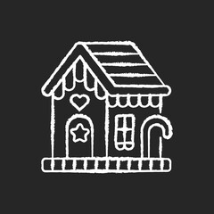 Gingerbread house chalk white icon on black background. Festive sweet treat. Christmas holiday dessert. New Year candy. Ginger cookie decoration. Isolated vector chalkboard illustration
