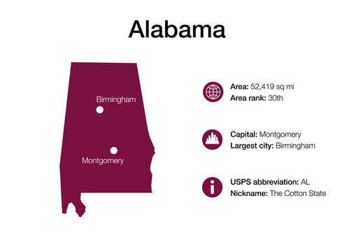 Map of Alabama state with political demographic information and biggest cities