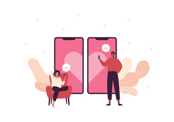 Online dating app service concept. Vector flat people illustration. Couple of standing man and sitting woman hold smartphone. Heart shape match symbol on phone screen. Design for banner, web.