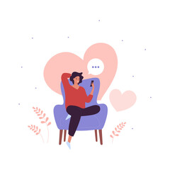 Online dating service concept. Vector flat people illustration. Woman sitting on chair with smartphone. Heart shape love symbol on background. Talk bubble. Design element for banner, poster.