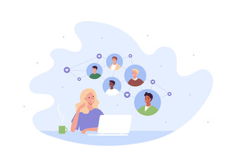 Online dating service and social media concept. Vector flat person illustration. Woman sit at desk with laptop. Multiethnic people network with heart shape love symbol. Design for banner, web.