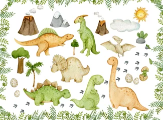Garden poster Dinosaurs watercolor cute little dinosaurus background