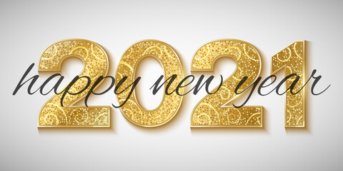 Happy New Year 2021 golden glittering numbers on a bright background. Gift card for a holiday event. Vector illustration