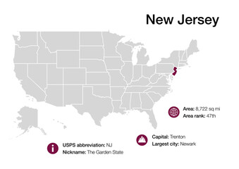 Obraz premium Map of New Jersey state with political demographic information and biggest cities