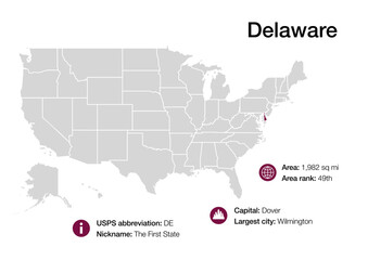 Map of Delaware state with political demographic information and biggest cities