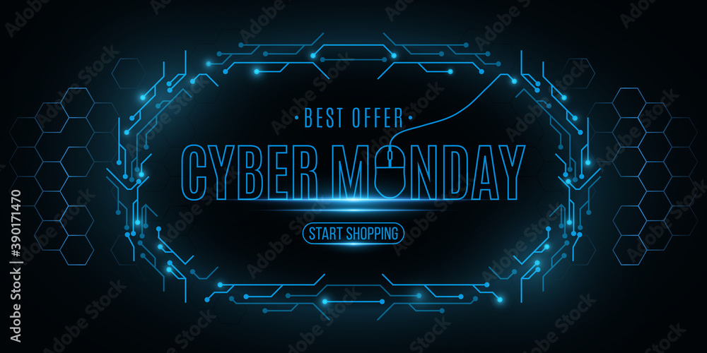 Poster cyber monday sale banner. electronic circuit board frame with hexagon pattern. computer mouse. big b