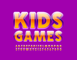 Fototapeta premium Vector trendy logo Kids Games. Bright Violet and Orange Font. Modern glossy Alphabet Letters and Numbers set