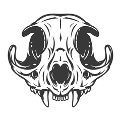 Cat skull in monochrome hand drawn style isolated on white background. Vector cartoon illustration. Retro vintage design concept for tattoo, print, cover.