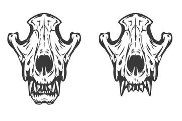 Wolf or dog skull in hand drawn monochrome style isolated on white background. Vintage cartoon vector illustration. Design element for tattoo, print, cover.