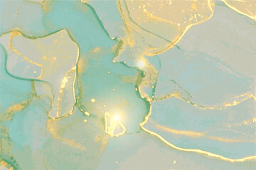 Mint green, grey, and gold stone background with texture of marble. Alcohol ink oriental technique. Abstract vector art. Flow paint in natural colors with glitter. Template for banner, poster.