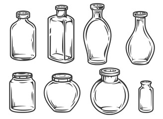 Set hand drawn empty glass jars and bottles in cartoon vintage style isolated on white background. Monochrome vector illustration.