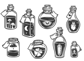 Set hand drawn bottles with magic potion in cartoon vintage style isolated on white background. Monochrome vector illustration.