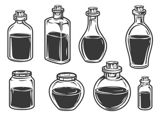 Set hand drawn filled glass jars and bottles in cartoon vintage style isolated on white background. Monochrome vector illustration.