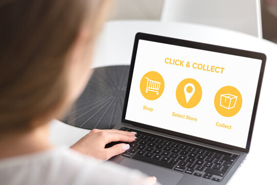 Click and Collect concept. Woman with laptop. E-commerce click and collect online ordering service symbol. Shopping bag. Shopping cart. Pickup location.