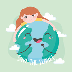 save the planet, little girl hugging earth map