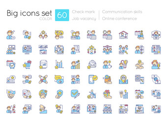 Communication skills blue RGB color icons set. Career achievement. Negotiate process. Online conference. Teamwork management. Job vacancy. Isolated vector illustrations