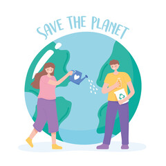save the planet, woman and man care earth cartoon